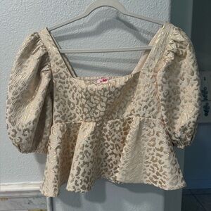 Buddy Love Tan Crop Peplum Blouse with Puffed Sleeves